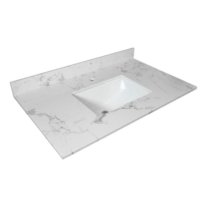 31inch bathroom stone vanity top engineered white marble color with undermount ceramic sink and single faucet hole with backsplash