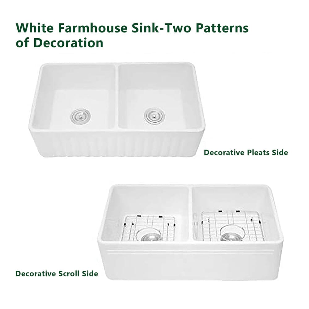 33'' Ceramic Kitchen Sink Double Bowl Farmhouse Rectangular Vessel White