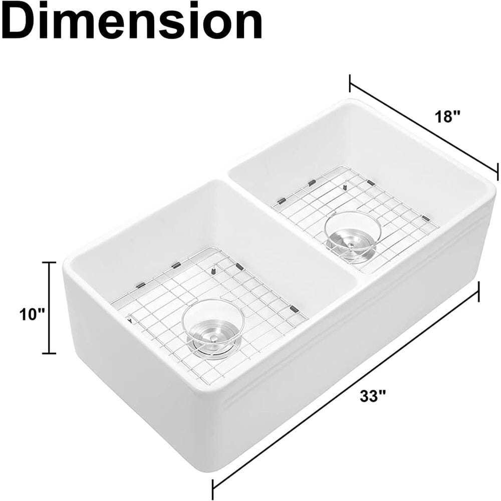 33'' Ceramic Kitchen Sink Double Bowl Farmhouse Rectangular Vessel White