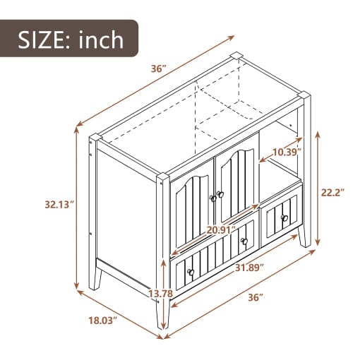 36" Bathroom Vanity Base Only, Solid Wood Frame and MDF Boards, Brown