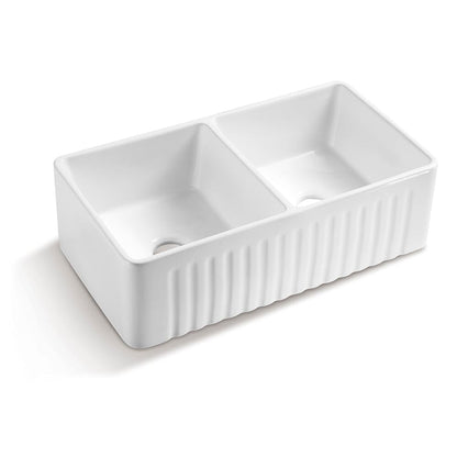 33'' Ceramic Kitchen Sink Double Bowl Farmhouse Rectangular Vessel White