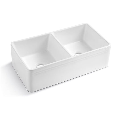 33'' Ceramic Kitchen Sink Double Bowl Farmhouse Rectangular Vessel White