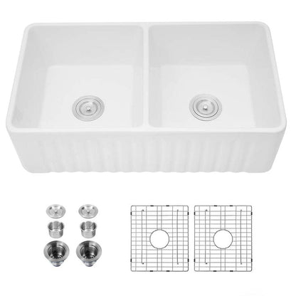 33'' Ceramic Kitchen Sink Double Bowl Farmhouse Rectangular Vessel White