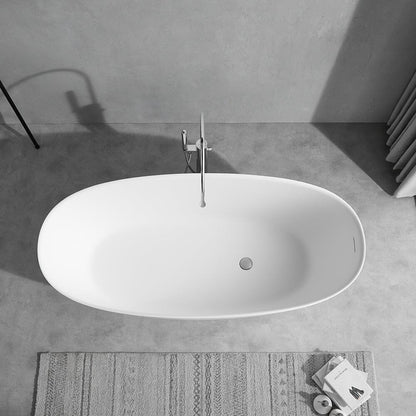 65'' Solid Surface Stone Resin Modern Oval Shaped Freestanding Soaking Bathtub with Overflow