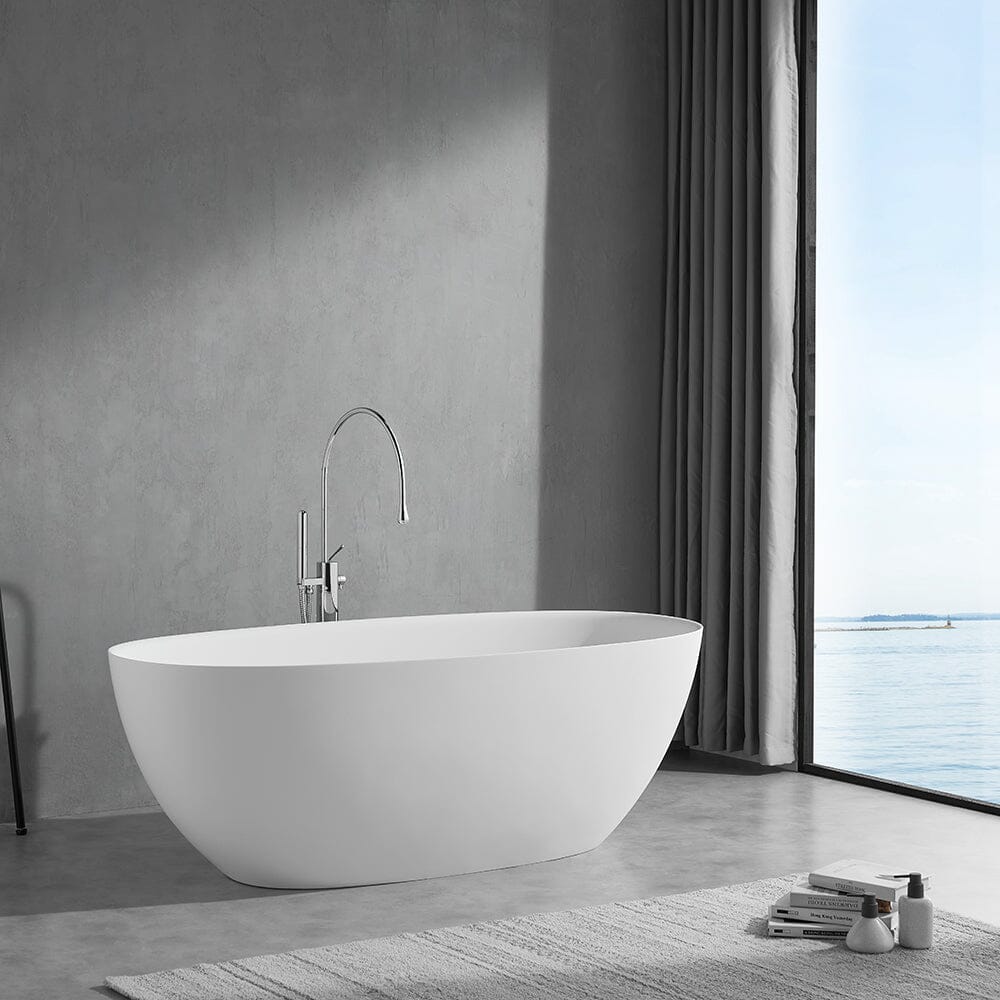 65'' Solid Surface Stone Resin Modern Oval Shaped Freestanding Soaking Bathtub with Overflow