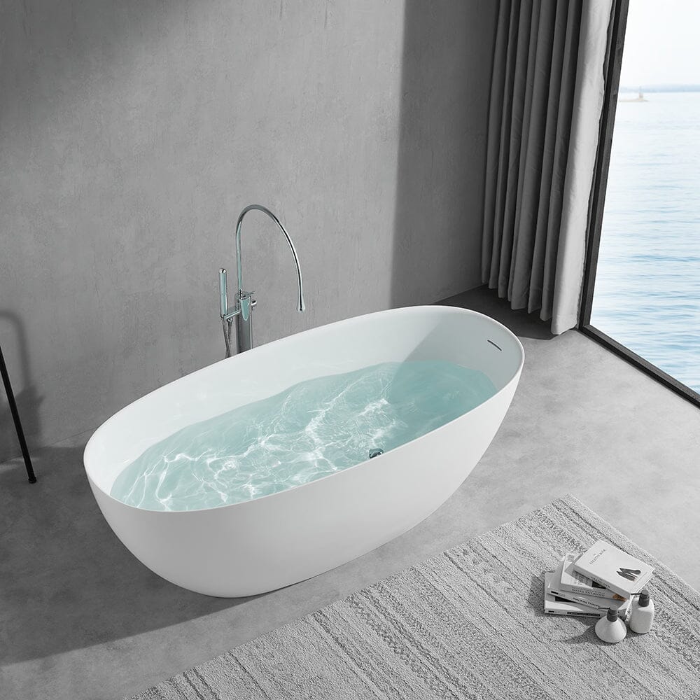 65'' Solid Surface Stone Resin Modern Oval Shaped Freestanding Soaking Bathtub with Overflow