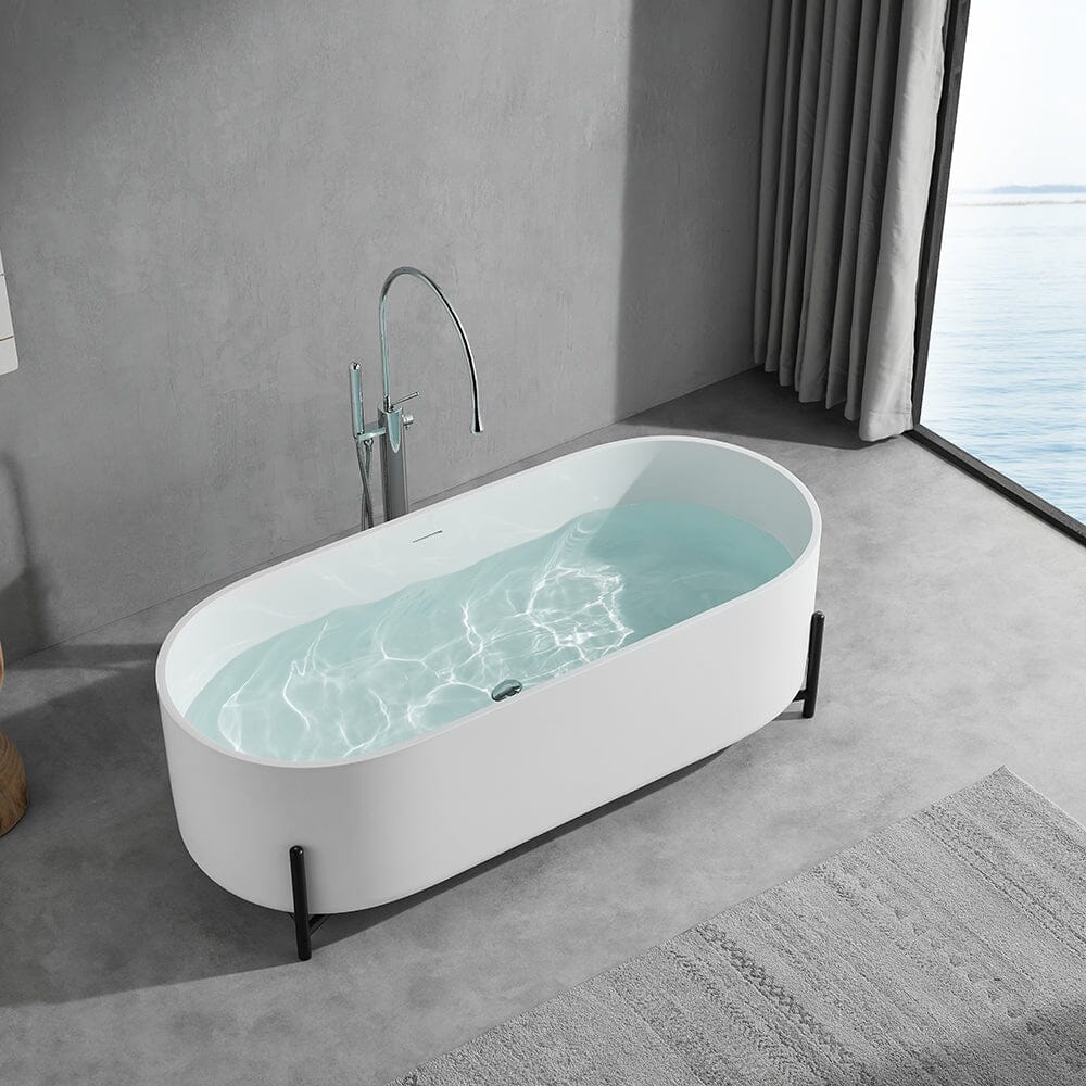 63'' Solid Surface Stone Resin Bathtub Oval Shaped Freestanding Soaking Tub with Support Frame