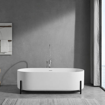 63'' Solid Surface Stone Resin Bathtub Oval Shaped Freestanding Soaking Tub with Support Frame