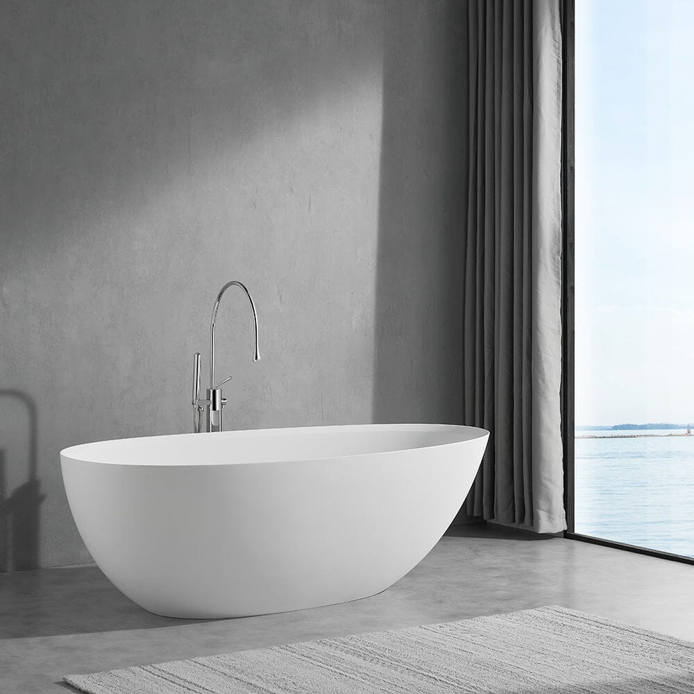 67'' Solid Surface Stone Resin Modern Egg Shaped Freestanding Soaking Bathtub with Overflow