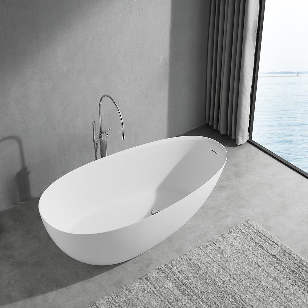 67'' Solid Surface Stone Resin Modern Egg Shaped Freestanding Soaking Bathtub with Overflow