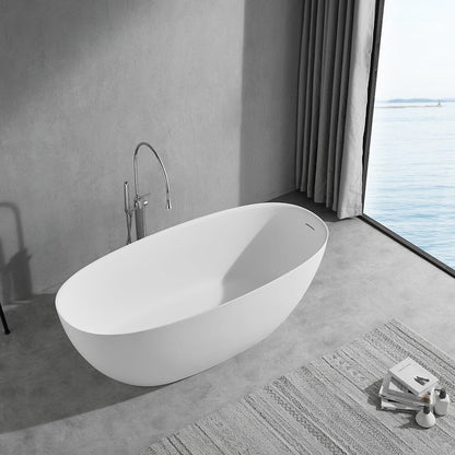 65'' Solid Surface Stone Resin Modern Oval Shaped Freestanding Soaking Bathtub with Overflow