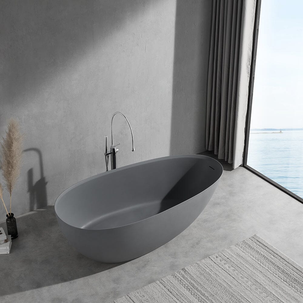 67'' Solid Surface Stone Resin Modern Egg Shaped Freestanding Soaking Bathtub with Overflow