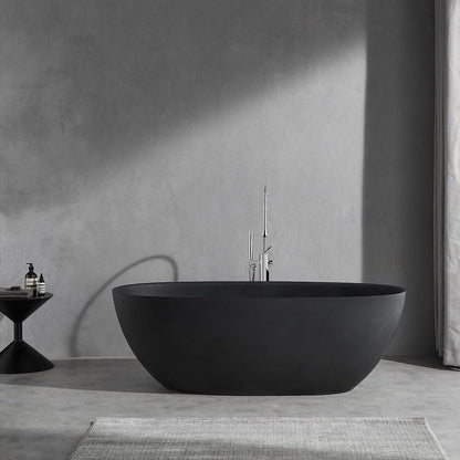 65'' Solid Surface Stone Resin Modern Oval Shaped Freestanding Soaking Bathtub with Overflow