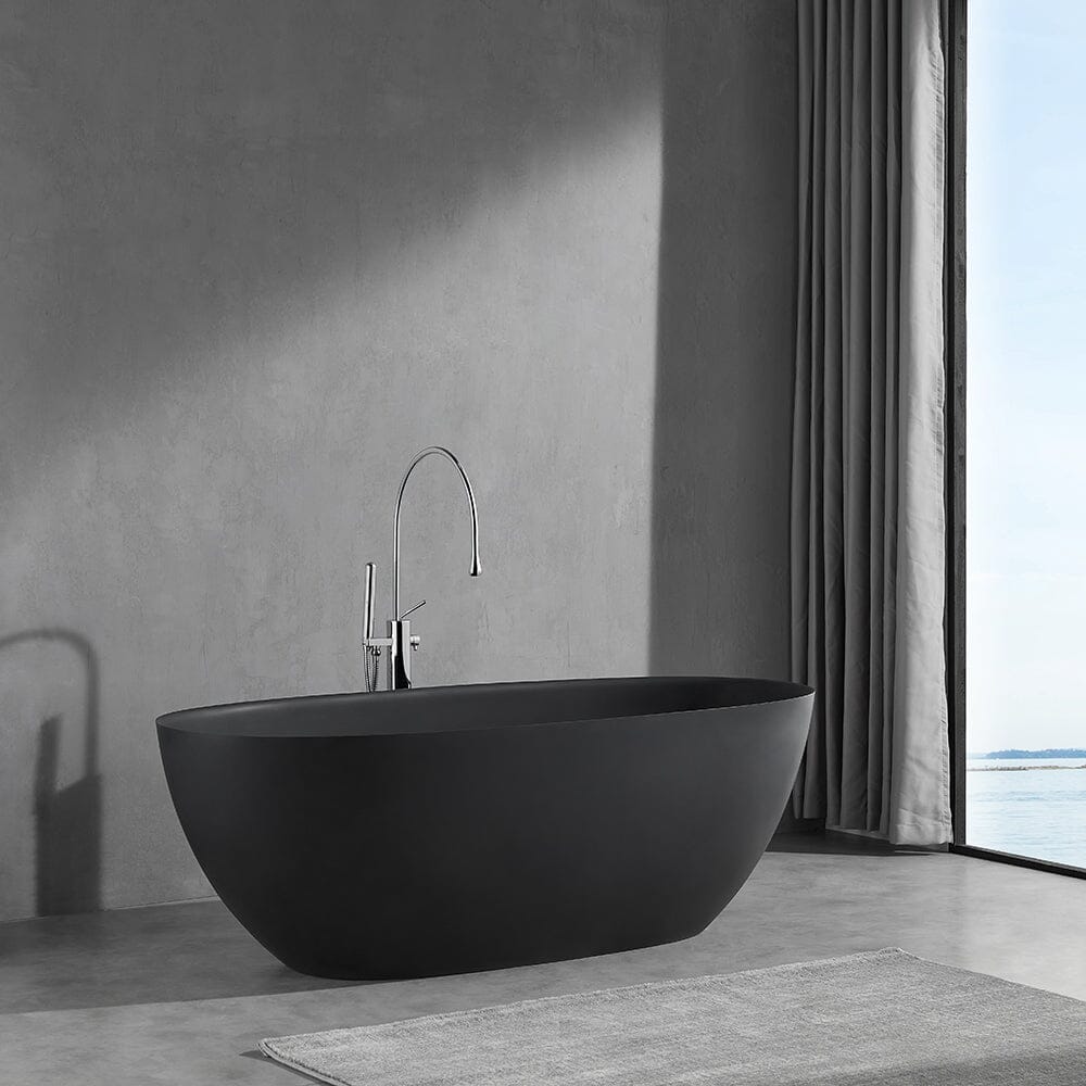 65'' Solid Surface Stone Resin Modern Oval Shaped Freestanding Soaking Bathtub with Overflow