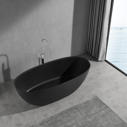 65'' Solid Surface Stone Resin Modern Oval Shaped Freestanding Soaking Bathtub with Overflow