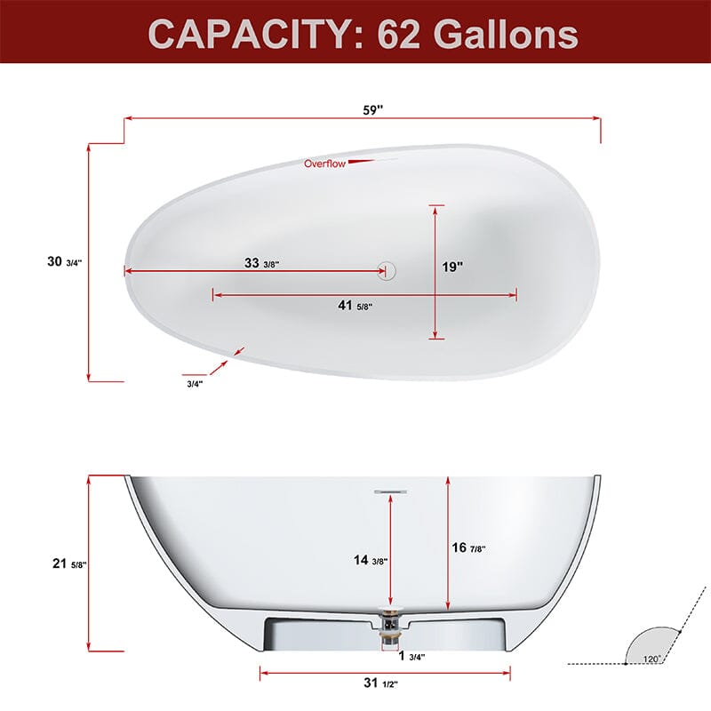 59'' Solid Surface Stone Resin Oval-shaped Matte White Freestanding Soaking Bathtub with Overflow