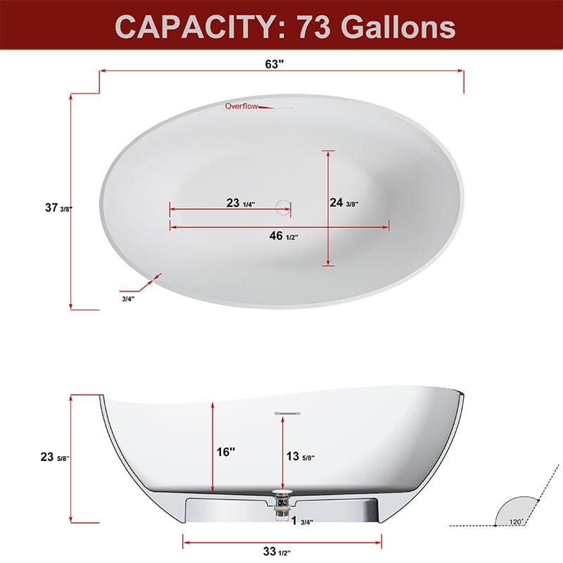 63'' Solid Surface Stone Resin Freestanding Soaking Bathtub Wave-shaped