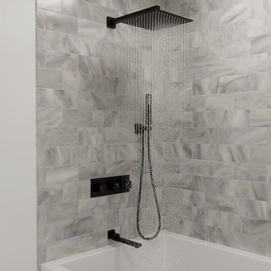 Bathroom 12" Square Wall Mounted Shower Set with Hand Shower & Tub Spout