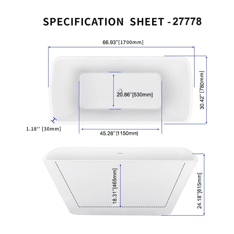 67'' Lucite Acrylic Bathtub Trapezoidal Shape Freestanding Soaking Tub Glossy White