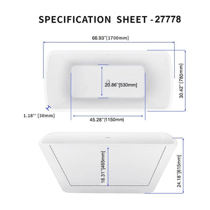 67'' Lucite Acrylic Bathtub Trapezoidal Shape Freestanding Soaking Tub Glossy White