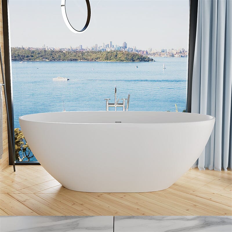 61'' Solid Surface Stone Resin Oval-shaped Matte White Freestanding Soaking Bathtub with Overflow