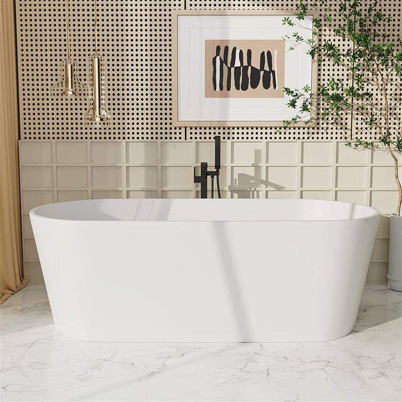 63'' Solid Surface Stone Resin Oval-shaped Matte White Freestanding Soaking Bathtub with Overflow