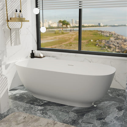 63'' Modern Freestanding Soaking Tub Solid Surface Stone Resin Bathtub Rounded Rectangle