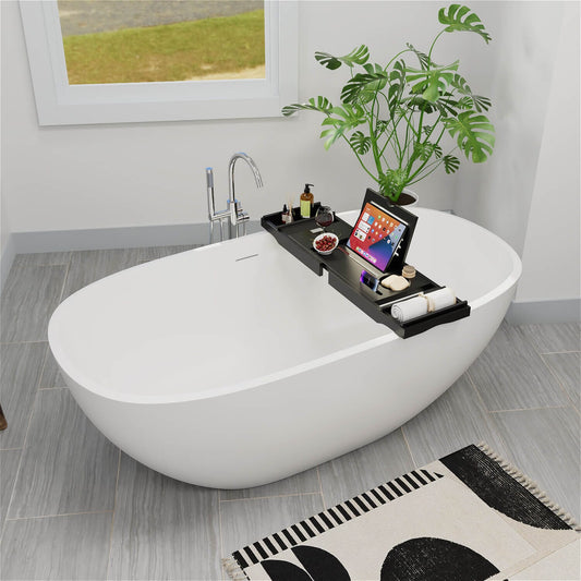 65'' Modern Oval Tub Solid Surface Stone Resin Freestanding Soaking Bathtub