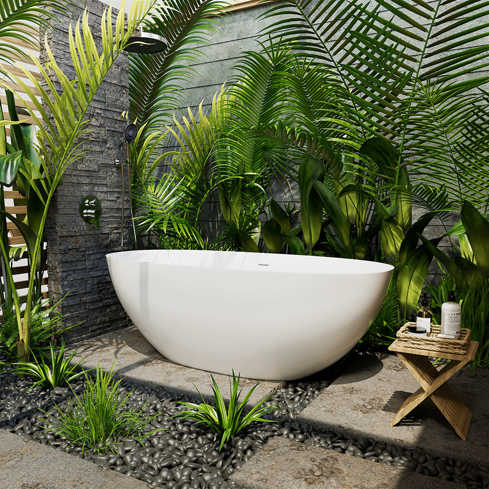 65'' Solid Surface Stone Resin Oval-shaped Freestanding Soaking Bathtub with Overflow