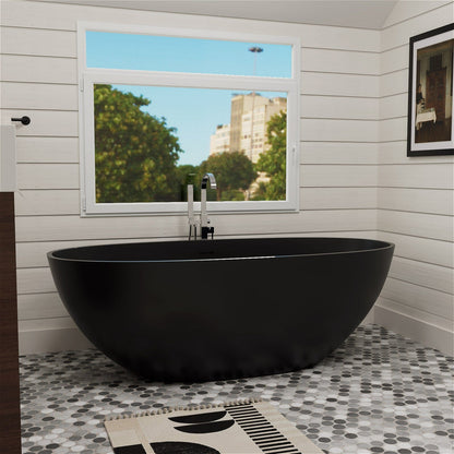 55'' Solid Surface Stone Resin Oval-shaped Freestanding Soaking Bathtub with Overflow