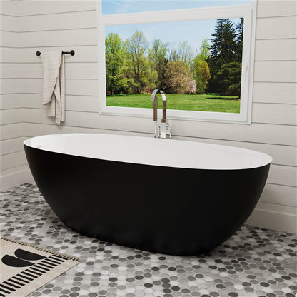 65'' Solid Surface Stone Resin Modern Oval Shaped Freestanding Soaking Bathtub with Overflow