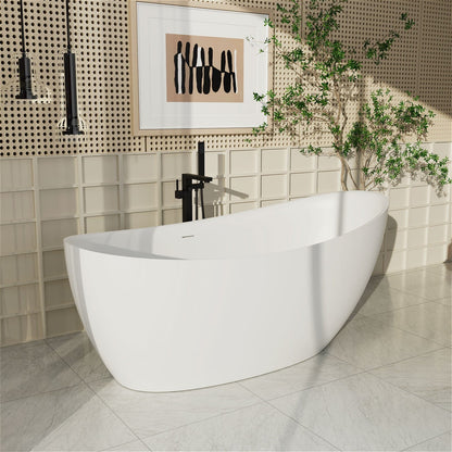 67'' Single Slipper Tub Solid Surface Stone Resin Freestanding Soaking Bathtub with Built-in Seat