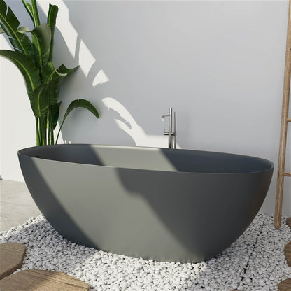 65'' Solid Surface Stone Resin Modern Oval Shaped Freestanding Soaking Bathtub with Overflow