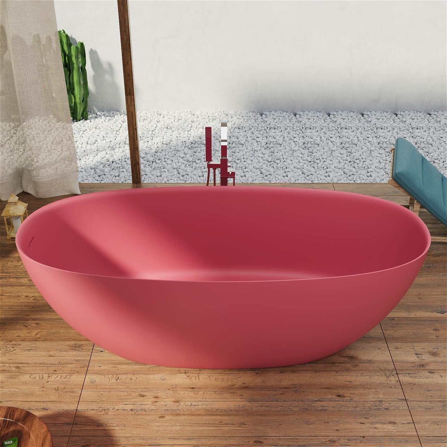 65'' Solid Surface Stone Resin Modern Oval Shaped Freestanding Soaking Bathtub with Overflow