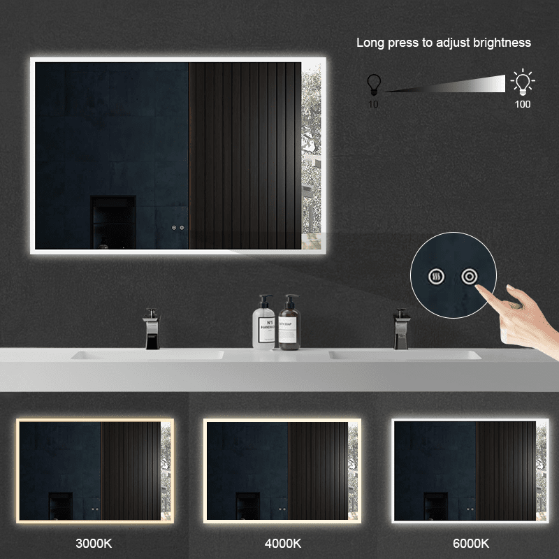 LED Light Bathroom Vanity Mirror Large Rectangular Frameless Anti Fog