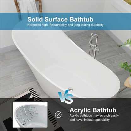 66'' Single Slipper Tub Solid Surface Stone Resin Freestanding Soaking Bathtub Comfortable Backrest