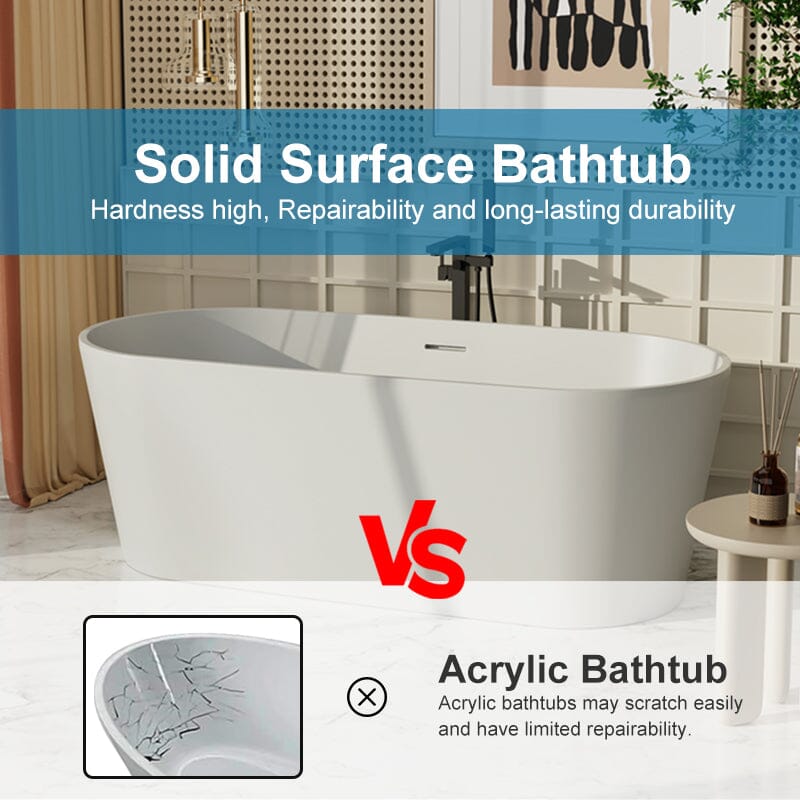 63'' Solid Surface Stone Resin Oval-shaped Matte White Freestanding Soaking Bathtub with Overflow