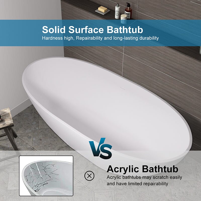 65'' Solid Surface Stone Resin Oval-shaped Freestanding Soaking Bathtub with Overflow