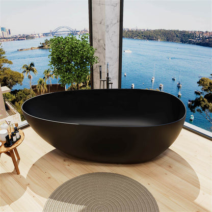 59"/67" Black Bathtub Egg Shaped Solid Surface freestanding Soaking Tub