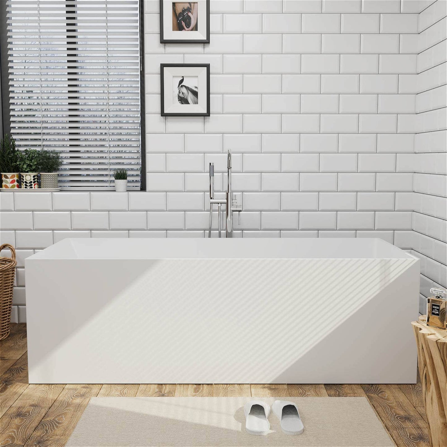 67'' Solid Surface Stone Resin Rectangular Freestanding Soaking Bathtub with Ergonomic Backrest