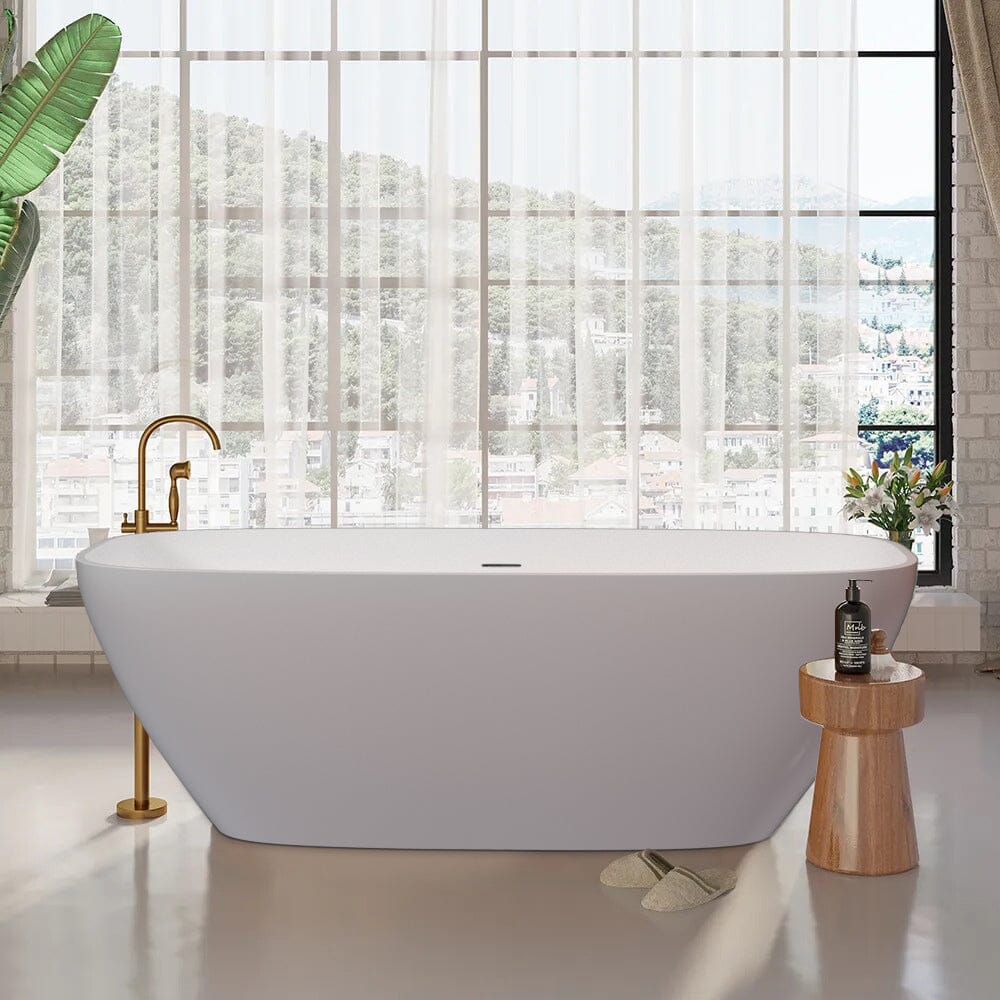 67'' Solid Surface Stone Resin Modern Oval Matte White Freestanding Soaking Bathtub with Overflow