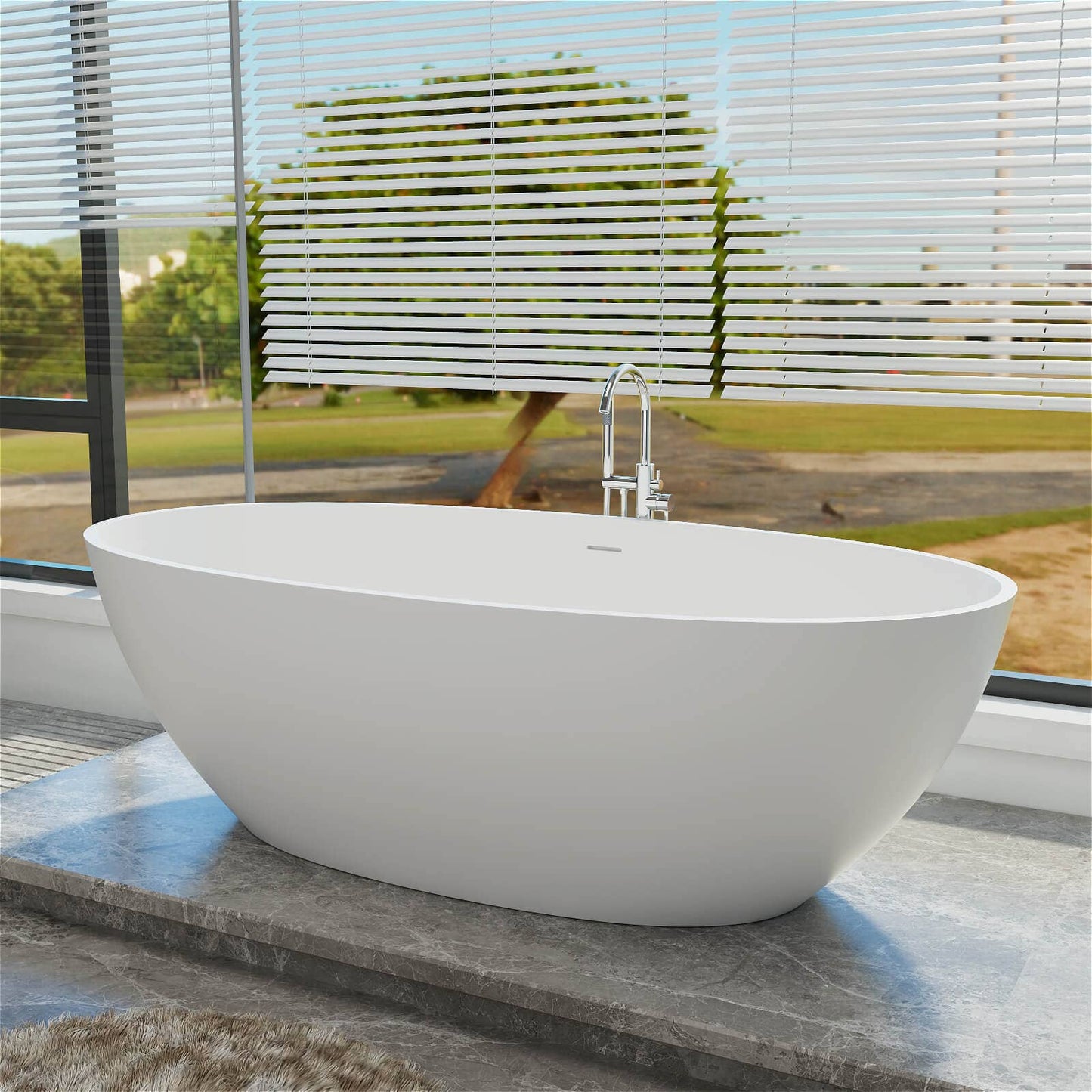 71'' Solid Surface Stone Resin Oval-shaped Freestanding Soaking Bathtub with Overflow