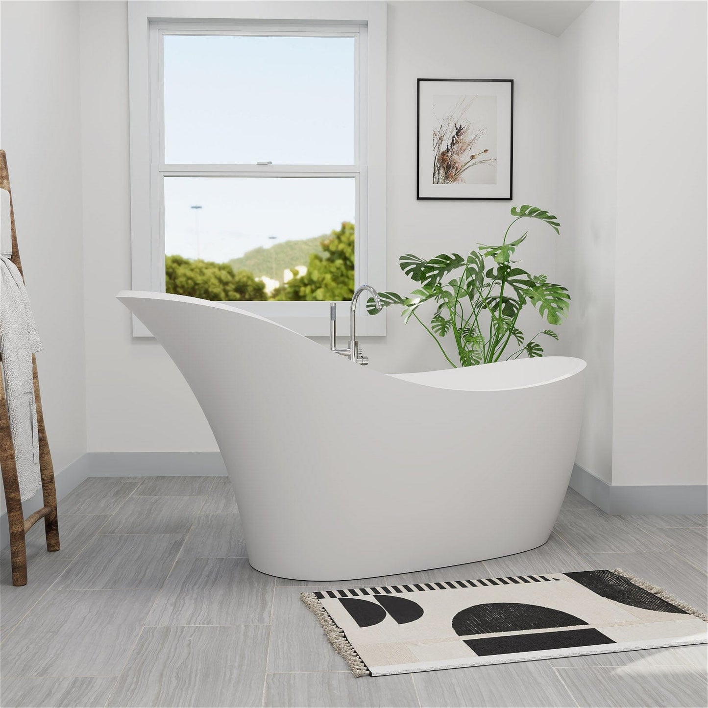 66'' Single Slipper Tub Solid Surface Stone Resin Freestanding Soaking Bathtub Comfortable Backrest