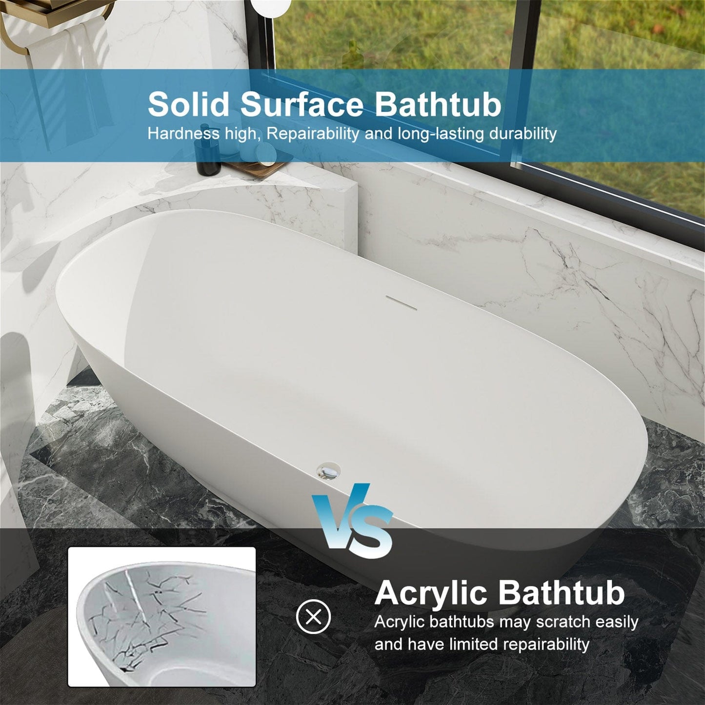 63'' Modern Freestanding Soaking Tub Solid Surface Stone Resin Bathtub Rounded Rectangle