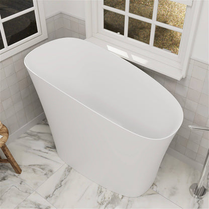 47" Single Slipper Freestanding Japanese Soaking Bathtub Solid Surface Stone Resin Tub with Built-in Seat