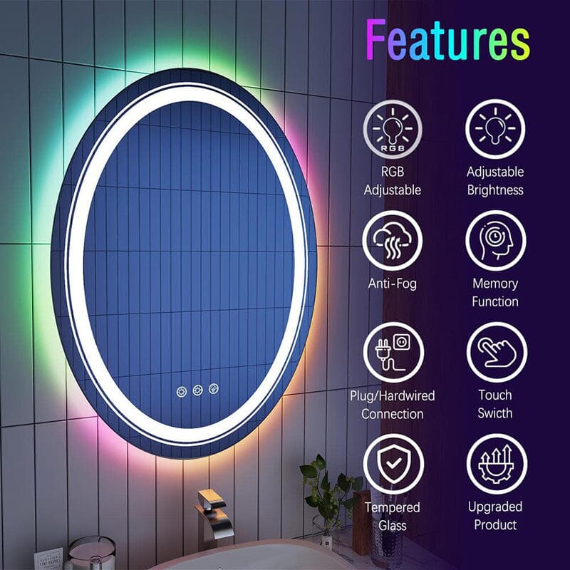 Oval 32'' RGB LED Light Bathroom Vanity Mirror Frameless Anti-fog