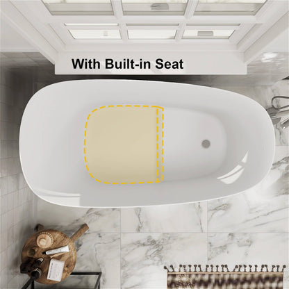 47" Single Slipper Freestanding Japanese Soaking Bathtub Solid Surface Stone Resin Tub with Built-in Seat