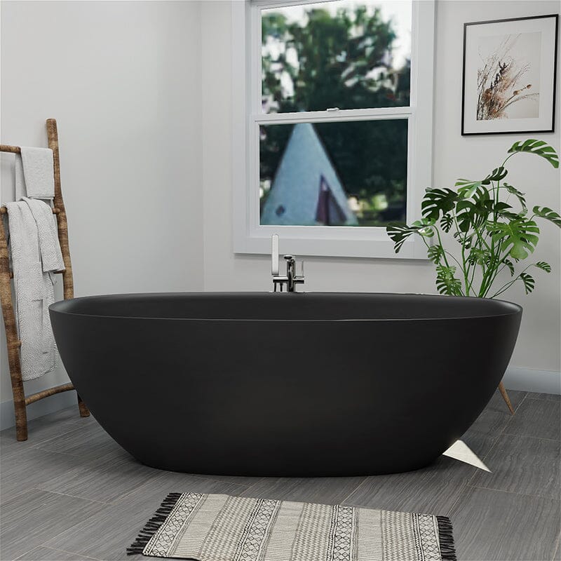 65'' Solid Surface Stone Resin Modern Oval Shaped Freestanding Soaking Bathtub with Overflow