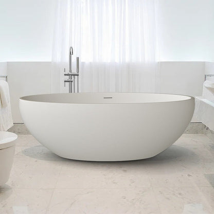 67'' Solid Surface Stone Resin Oval-shaped Matte White Freestanding Soaking Bathtub with Overflow