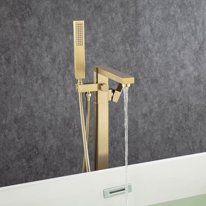 180° Rotation Brushed Gold Modern Freestanding Tub Filler Faucet with Hand Shower